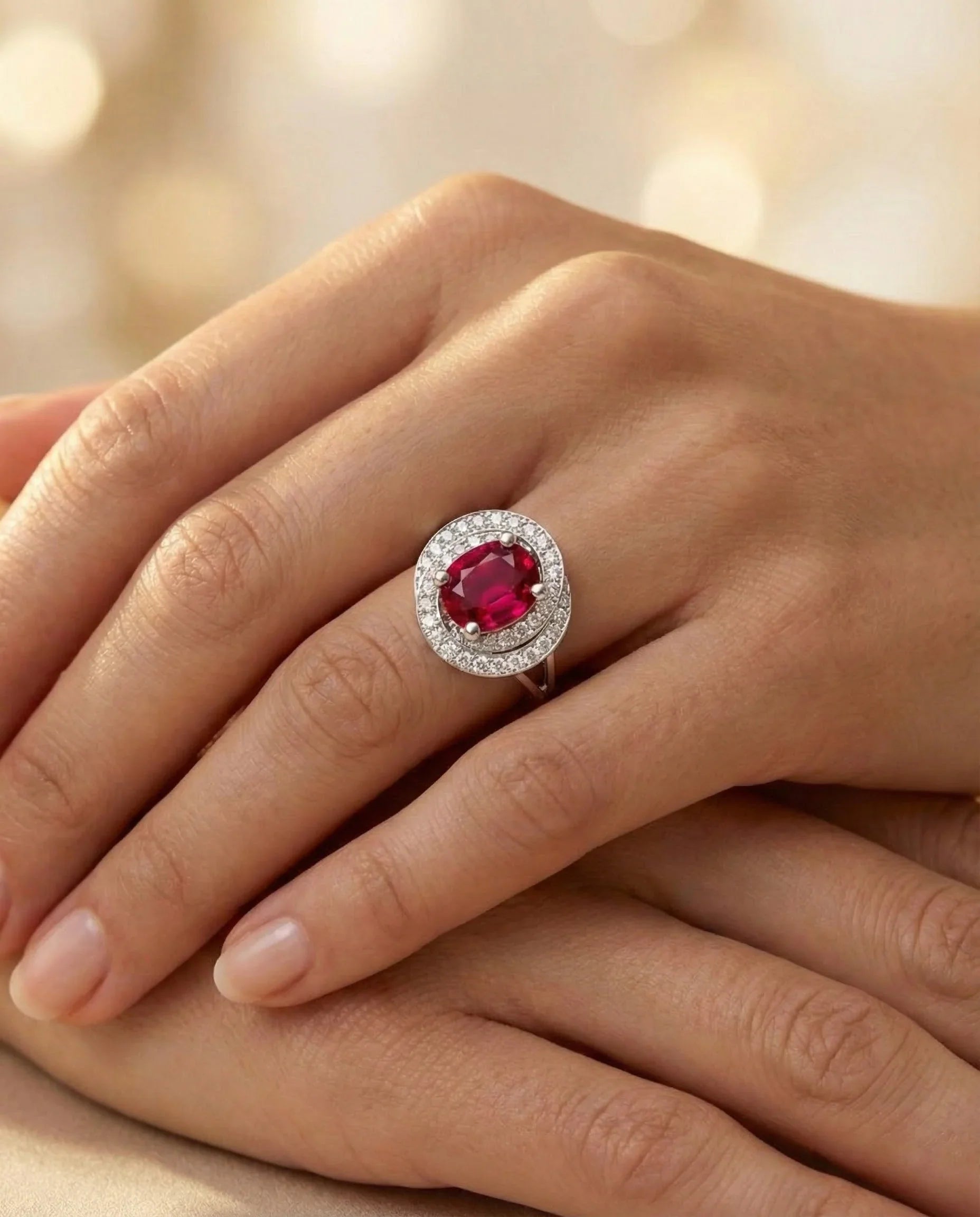 Bague rubis en entourage de diamants, portée à l'annulaire — Bonnot Paris