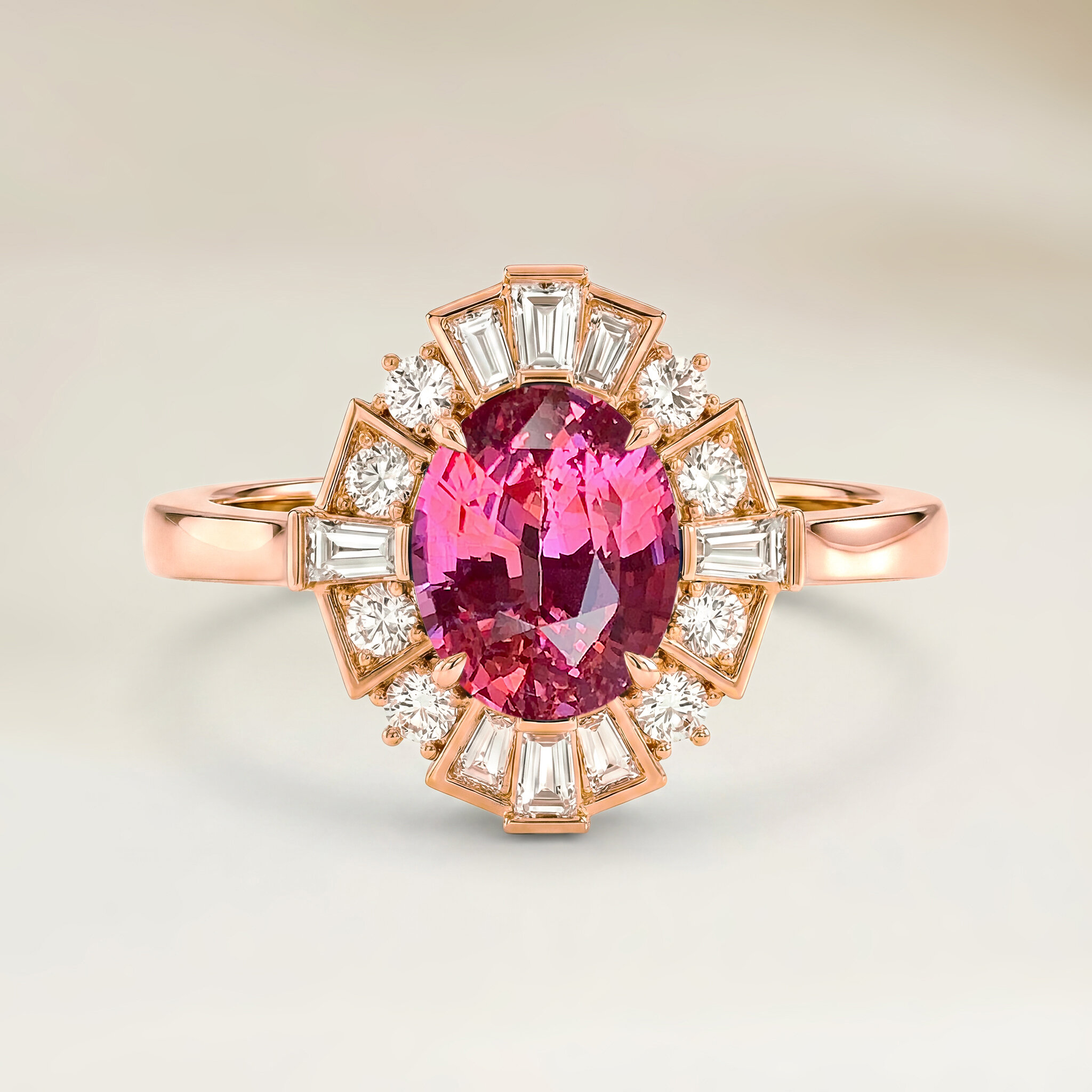Bague Art déco saphir padparadscha ovale or rose