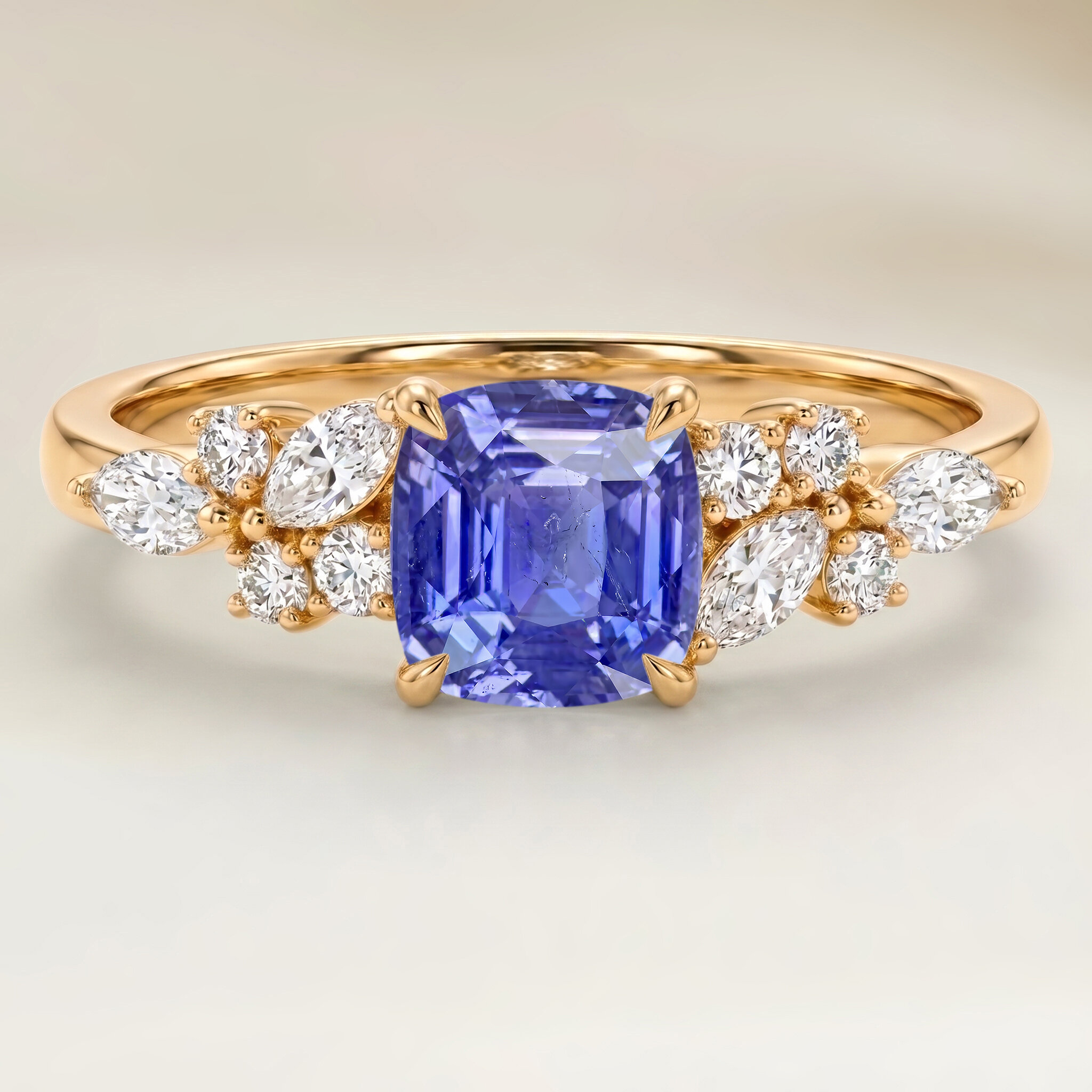 Projet de bague florale en or jaune autour d'un saphir violet coussin — Bonnot Paris